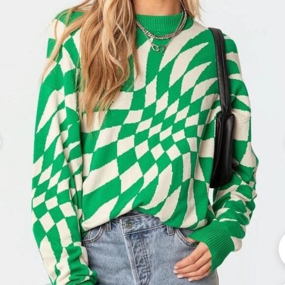 Edikted Morphy Oversized Sweater Green and Cream Size XS / Size Small - Picture 1 of 8